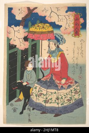 French Woman, Her Child and Pet Dog 10th month, 1860 Utagawa Hiroshige II Japanese. French Woman, Her Child and Pet Dog  73429 Stock Photo