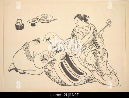 An Oiran Playing the Shamisen to a Young Man Kneeling by Her Side in Rapt Attention After Okumura Masanobu Japanese. An Oiran Playing the Shamisen to a Young Man Kneeling by Her Side in Rapt Attention  57142 Stock Photo