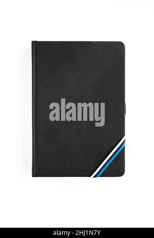 Black notebook with a ribbon in the colors of the Estonian tricolor, isolated Stock Photo
