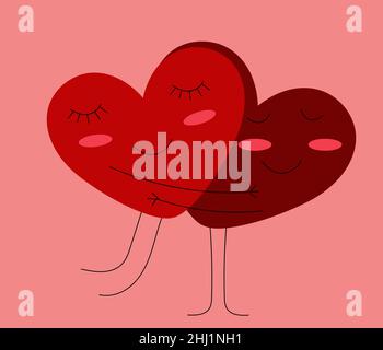 Card Happy Valentines Day. Two hearts with closed eyes and cheeks are hugging and in love on a red background. vector image. Stock Vector