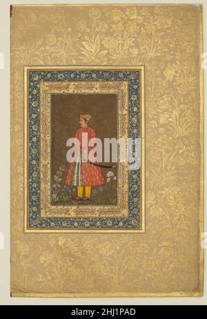 'Portrait of Rup Singh', Folio from the Shah Jahan Album verso: ca. 1615–20; recto: ca. 1500 Painting by Govardhan The subject of this painting, Rup Singh, son of Ram Chand (not Rai Chanda, as per Jahangir's inscription), was one of the officials at the court of Shah Jahan. The portrait is surrounded by verse fragments from a Persian masnavi, which belongs to Amir Khusrau's Khamsa (Quintet).. 'Portrait of Rup Singh', Folio from the Shah Jahan Album  451296 Stock Photo