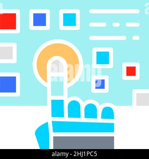 Robot arm presses on the button white line icon. Stock Vector