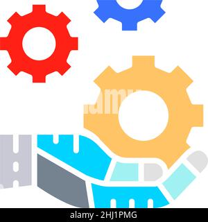 Hand holds a gears, tech development, engineering white line icon. Stock Vector