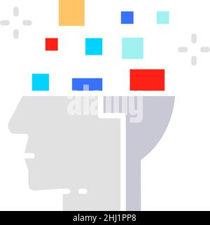 Robot head, brain connected to circuit board, digital thinking, artificial intelligence white line icon. Stock Vector