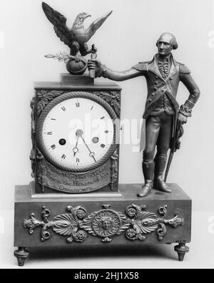 Clock 1792–1819 This clock, with a statuette of George Washington, is similar to 31.41.1 and 25.111. It may have been part of a group of clocks sent from France to a Maryland merchant during the early nineteenth century. The figure of Washington is based on John Trumbull's 1782 painting 'Washington Before the Battle of Trenton,' now in the Yale University Art Gallery. The Museum owns a reproduction by Trumbull of his earlier painting, 22.45.9.. Clock  2091 Stock Photo