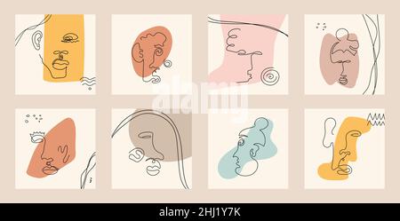 Set of modern portraits on the background of abstract shapes in line art style isolated. Stock Vector