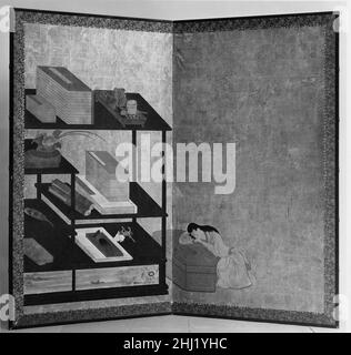 Interior Scene with Books and Writing Implements early to mid-17th century Unidentified artist The two-panel format, an innovation of the period, fosters an intimate feeling. Here, the focus is on the contrast between the complex arrangement of implements on the shelves and the simple figure of what appears to be a sleeping child—probably a boy—in unarticulated space.Genre painting enjoyed great popularity from the late sixteenth century until the advent of ukiyo-e prints in the late seventeenth century. This exquisite screen is typical of the Kan’ei era (1624–49), when candid scenes of sensuo Stock Photo