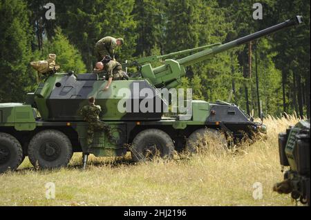 Jince, Czech Republic. 29th Aug, 2012. ***FILE PHOTO*** Soldiers of the 132nd Artillery Battalion from Jince practiced shooting with sharp ammunition and fire control at the military area of Brdy, Czech Republic, on August 29, 2012. They fired from a self-propelled gun howitzer DANA (152mm SpGH DANA; ShKH vz. 77). Credit: Petr Eret/CTK Photo/Alamy Live News Stock Photo