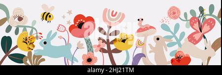 Fairy floral spring horizontal banner. Bee, flowers, plants, cute rabbits and bunnies in pastel colors. Modern minimalist poster, greeting card Stock Vector