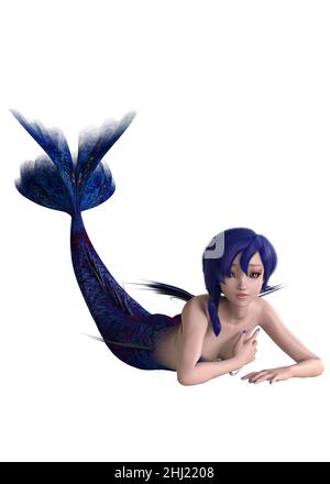 Cartoon anime style mermaid girl with blue tail and hair, 3D Illustration. Stock Photo