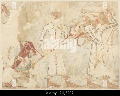 Syrians Bringing an Ingot and a Chariot, tomb of Rekhmire ca. 1504–1425 B.C. New Kingdom Nina de Garis Davies This facsimile painting copies a detail from a scene of foreignors bringing offerings in the tomb of Rekhmire (TT 100) in western Thebes. This section of the scene depicts Syrians bringing a metal ingot and a chariot (31.6.34), horses (31.3.41), exotic animals (31.6.43), vessels and weapons (30.4.83).. Syrians Bringing an Ingot and a Chariot, tomb of Rekhmire  544617 Stock Photo