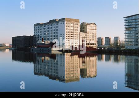 The derelict Spillers Millennium Mills building on Royal Victoria Dock in London Docklands, South East England, on a sunny day in January Stock Photo