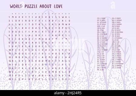 Valentines day word puzzle crossword - find the listed words about love in the brain work puzzle. attentiveness test, riddle game in English. words are located forward and down Stock Vector