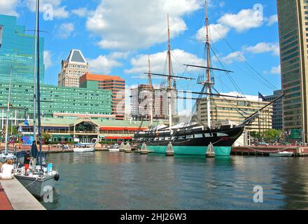 U.S.S. Constellation,sloop-of-war, the last sail-only warship, in Baltimore inner Harbor, Maryland USA. Stock Photo