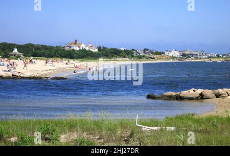 Entrance to  Lewis Bay on Cape Cod,Massachusetts.USA, with tourists on the Beach. Near Hyannis Harbor. Stock Photo