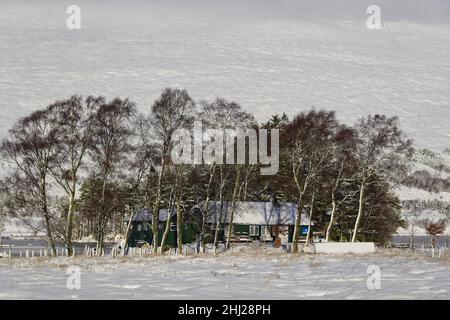 Loch Ossian Youth Hostel on a snowy winters day, Scottish Highlands, united Kingdom Stock Photo