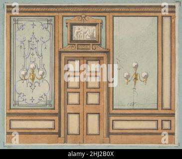 Elevation of a paneled interior with double doors and gaslight sconces ...