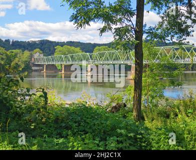 Uhlerstown/Frenchtown Bridge over the Delaware River.,Metal, with reflections, in Frenchtown,New Jersey USA. Stock Photo