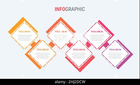 Red diagram, infographic template. Timeline with 6 options. Square workflow process for business. Vector design. Stock Vector