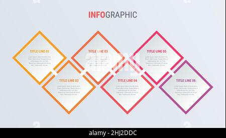 Red diagram, infographic template. Timeline with 6 steps. Square workflow process for business. Vector design. Stock Vector