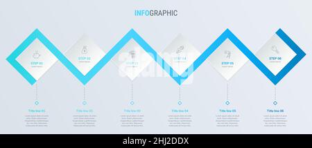 Blue timeline infographic design vector. 6 options, square workflow layout. Vector infographic timeline template. Stock Vector