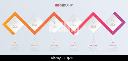 Red timeline infographic design vector. 6 options, square workflow layout. Vector infographic timeline template. Stock Vector