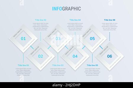 Abstract business square infographic template with 6 options. Blue diagram, timeline and schedule isolated on light background. Stock Vector