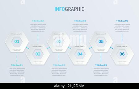 Abstract business honeycomb infographic template with 6 options. Blue diagram, timeline and schedule isolated on light background. Stock Vector