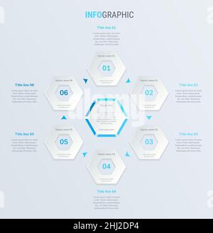 Abstract business honeycomb infographic template with 6 options. Blue diagram, timeline and schedule isolated on light background. Stock Vector