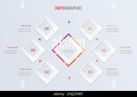Red timeline infographic design vector. 6 steps, square workflow layout. Vector infographic timeline template. Stock Vector