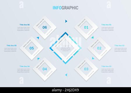 Blue timeline infographic design vector. 6 steps, square workflow layout. Vector infographic timeline template. Stock Vector