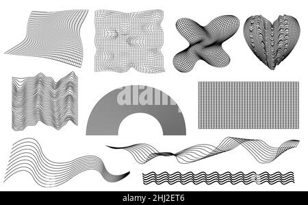 Abstract geometric mesh shapes 3d wireframe set. Collection elements glitched, cyberpunk. Retrofuturism, vaporwave style. vector illustration Stock Vector