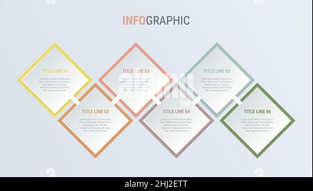 Vintage colors diagram, infographic template. Timeline with 6 steps. Square workflow process for business. Vector design. Stock Vector
