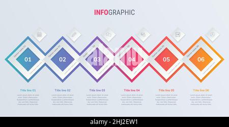 Abstract business square infographic template with 6 steps. Colorful diagram, timeline and schedule isolated on light background. Stock Vector