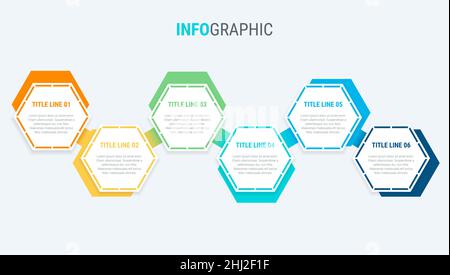 Colorful diagram, infographic template. Timeline with 6 options. Honeycomb  workflow process for business. Vector design. Stock Vector