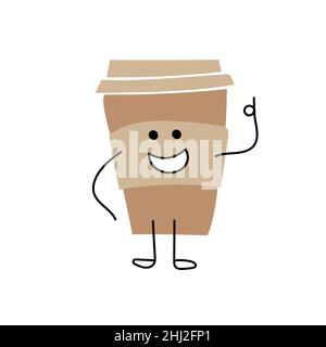 Cartoon coffee cup showing ok sign. Take away coffee. Happy cup of coffee. Vector flat cartoon illustration on white Stock Vector
