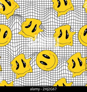 Seamless yellow distorted melting smiley face illustration pattern for fabric, wallpaper or wrapping paper. Vector illustration Stock Vector