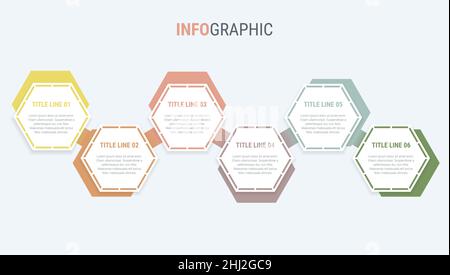 Colorful diagram, infographic template. Timeline with 6 options in vintage colors. Honeycomb  workflow process for business. Vector design. Stock Vector