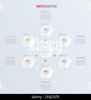 Abstract business honeycomb  infographic template with 6 steps. Colorful diagram, timeline and schedule isolated on light background. Stock Vector