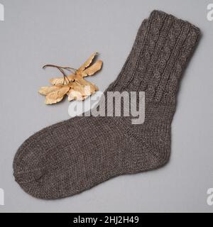 a pair of woolen knitted socks and dried samaras on a gray background Stock Photo