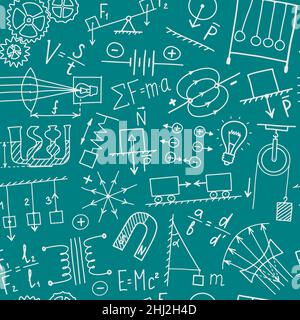 Phisics symbols doodle seamless pattern. Science subject cover template design. Education study concept. Back to school sketchy background for Stock Vector