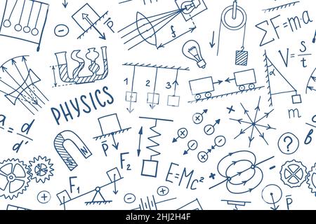 Phisics symbols doodle seamless pattern. Science subject cover template design. Education study concept. Back to school sketchy background for Stock Vector