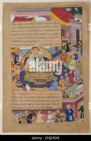 'Tumanba Khan, His Wife, and His Nine Sons', Folio from a Chingiznama (Book of Genghis Khan) ca. 1596 Basawan Indian The text of the Chingiznama records the life of the legendary conqueror Chingiz Khan (Genghis Khan) and his family. The emperor Akbar (r. 1556–1605) commissioned many historical manuscripts in the 1590s, but because the Mughals claimed descent from Genghis Khan, this book must have had particular resonance for him. This illustration depicts the ruler Tumanba Khan, an ancestor of Genghis Khan, with his wife and nine sons.. 'Tumanba Khan, His Wife, and His Nine Sons', Folio from a Stock Photo