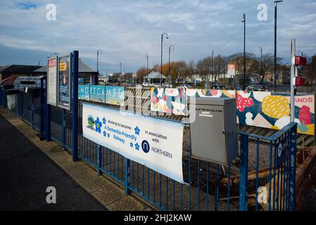 Dementia friendly railway sign at Morecambe railway station Stock Photo