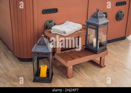 Hot tub with candles ready to take a bath. Valentines day concept Stock Photo