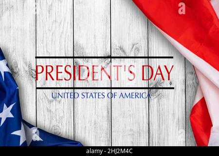 Happy Presidents' Day Typography Over Distressed White Wood Background with American Flag Border old wood background design Stock Photo