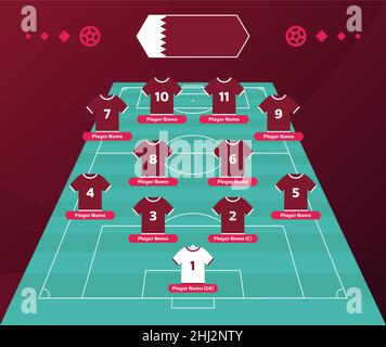 Qatar Football team formation. Soccer or football field with 11 shirt with numbers vector illustration. soccer lineup Stock Vector