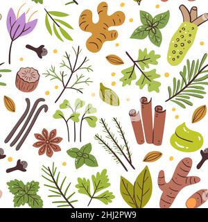 Herbs and spices seamless pattern. Food ingredients for cooking illustration. Isolated colorful hand-drawn condiments on white background. Vector illu Stock Vector