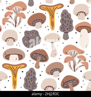 Mushrooms seamless pattern. Food ingredients for cooking illustration. Isolated colorful hand-drawn ingredients on white background. Vector illustrati Stock Vector