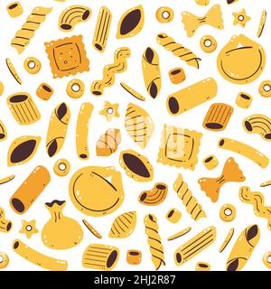 Italian pasta seamless pattern. Spaghetti and Macaroni. Food ingredients for cooking illustration. Isolated colorful hand-drawn ingredients. Stock Vector